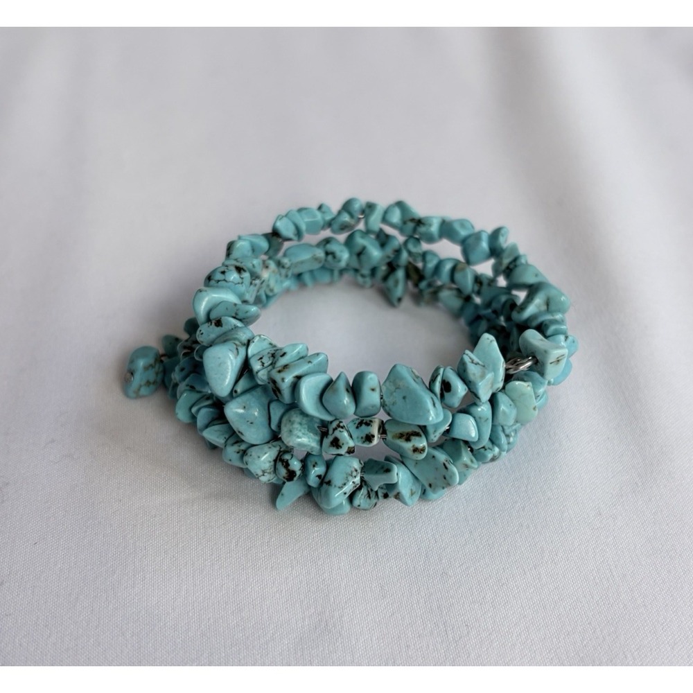 Turquoise Beaded Chip Gemstone Wire Wrap Slip-on Bracelet Boho Festival Western